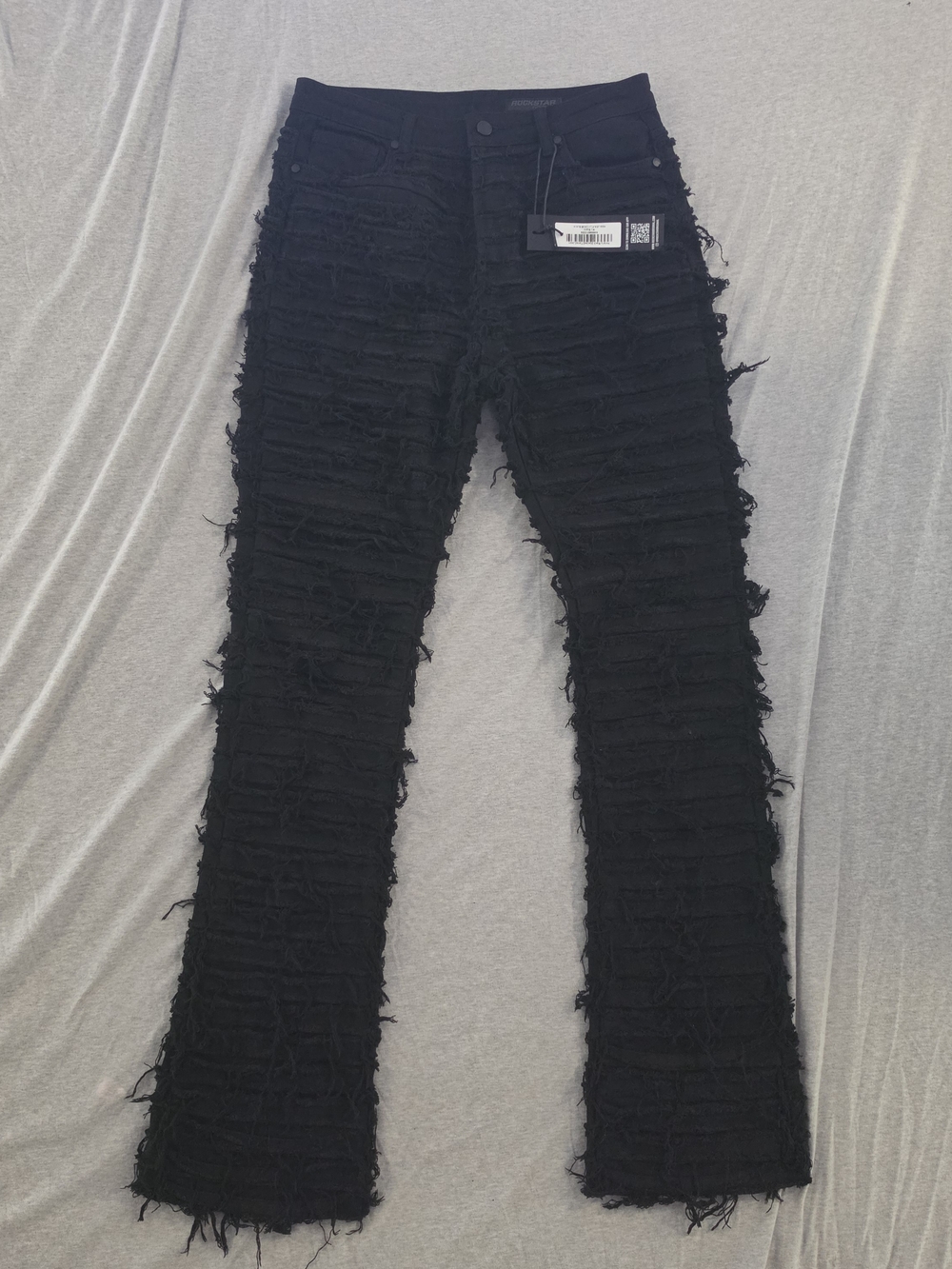 NWT Rockstar Original Black Stacked Distressed Flare Jeans with Frayed Texture